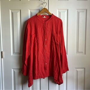 Eileen Fisher bright orage 100% linen long sleeve button down lagenlook shirt